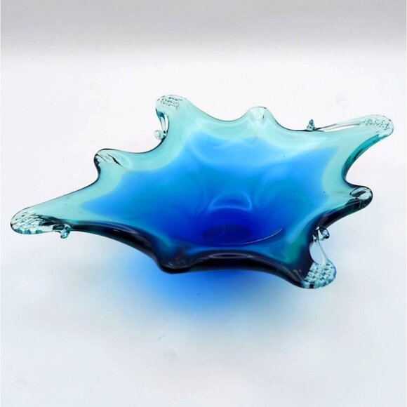 Hand Blown Murano Style Art Glass Trinket Dish Crystal Clear Blue Abstract Italy - Picture 2 of 10
